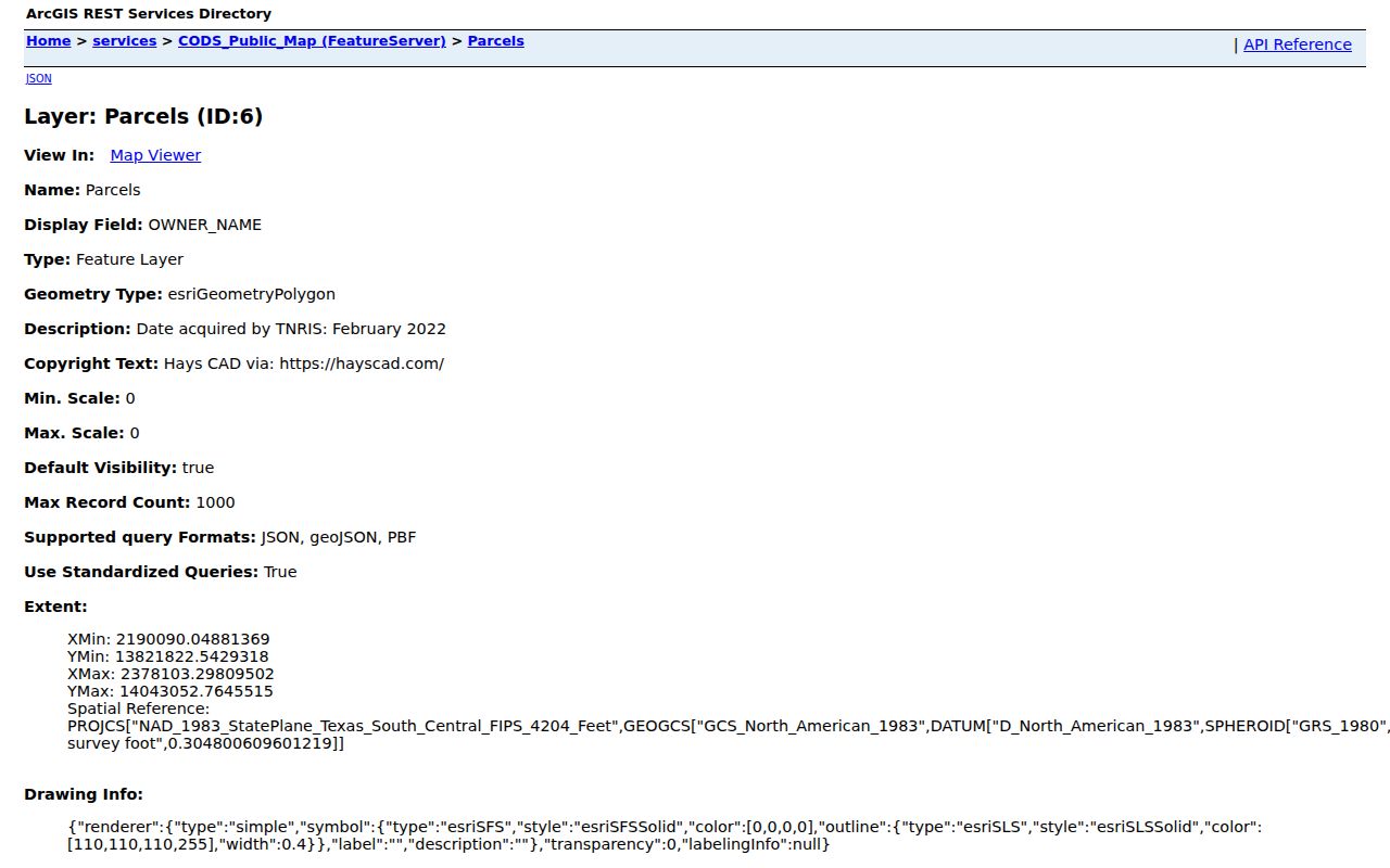 Hays County neighbors parcel-layer metadata and owner display field