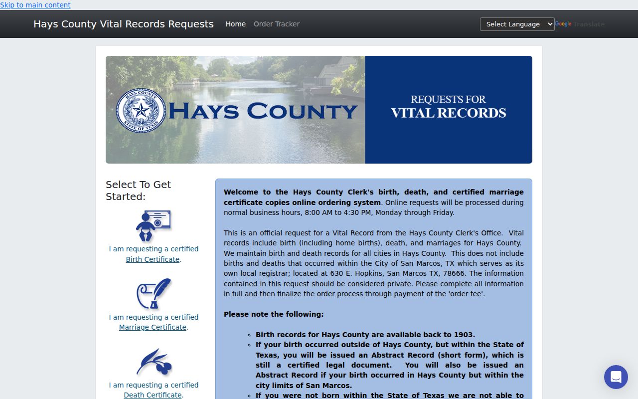 Hays County residents directory vital-record order portal