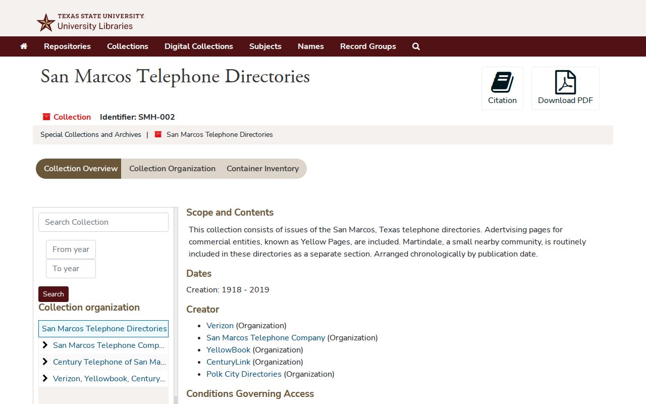 Hays County city directory Texas State telephone-directory collection finding aid